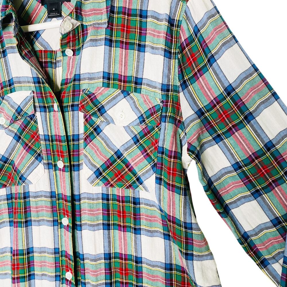 J.Crew Camp Shirt Womens 4 Green Blue Red Plaid Long Sleeve Button Up Pockets - Picture 4 of 9
